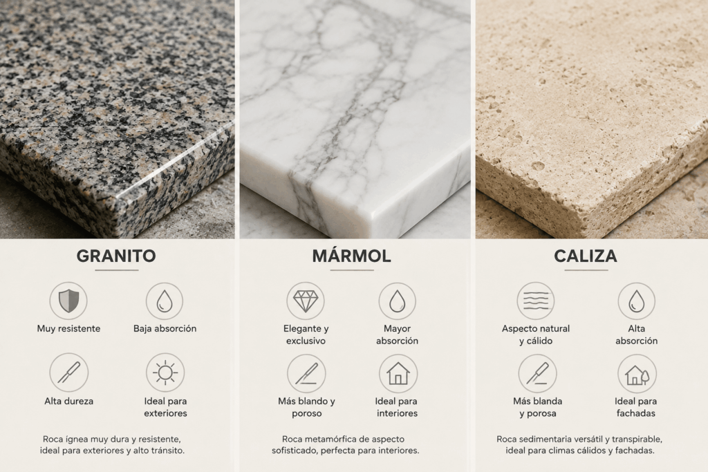 Diferencias entre Granito, Mármol y Caliza: Guía Comparativa 2026